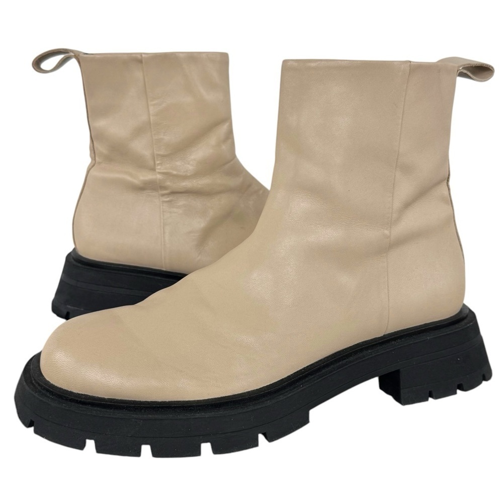 Zara Lug Sole Ankle Boots Cream Genuine Leather Chunky Size Zip | EU 39 US 8